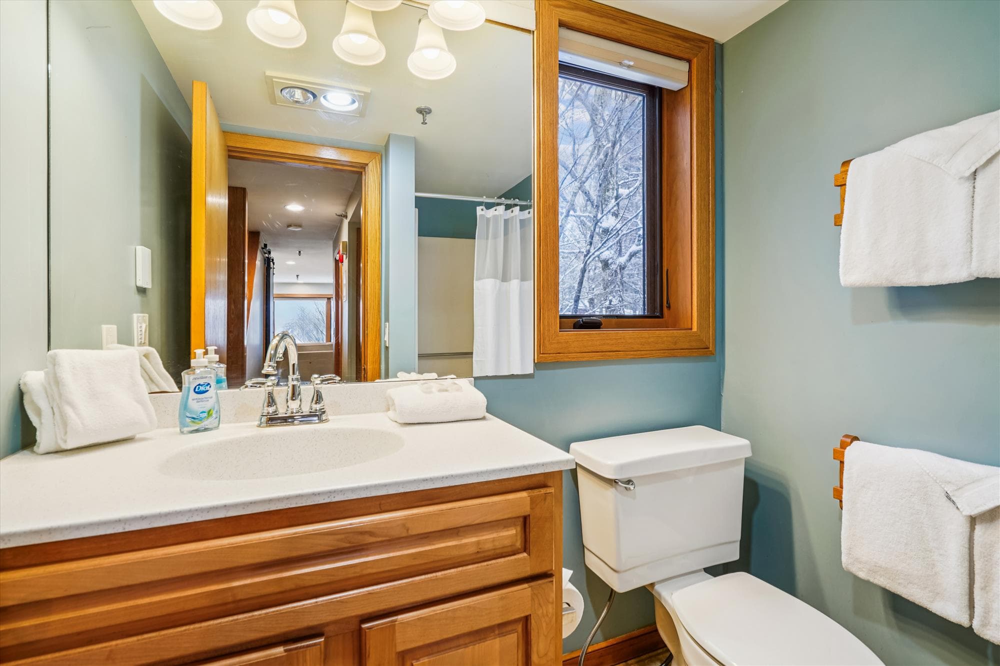 Clean and bright full bathroom with a shower, vanity, and fresh towels provided for guests.