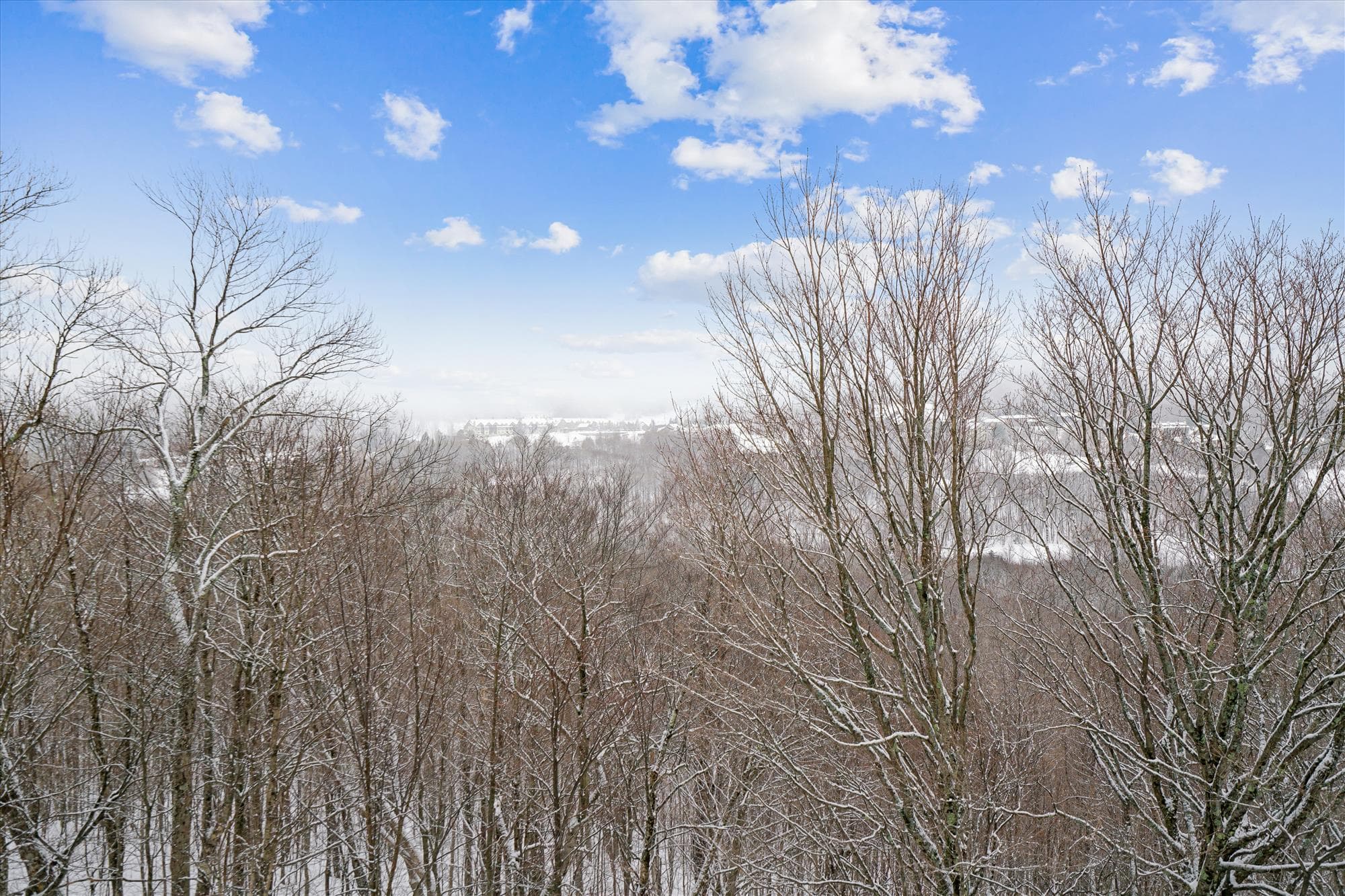 Scenic winter views of the surrounding mountains and forest landscape.