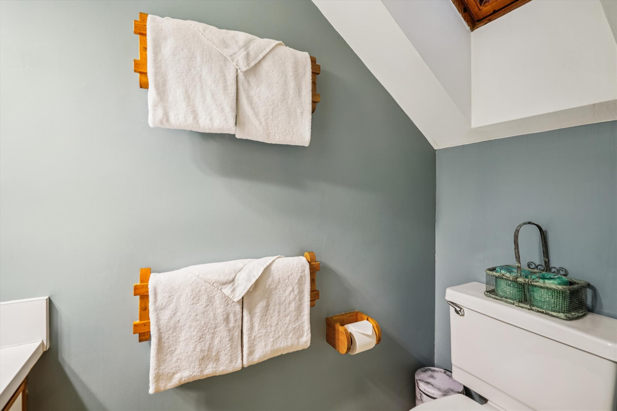 Bright upper-level bathroom featuring natural light from the skylight and plenty of towel space.