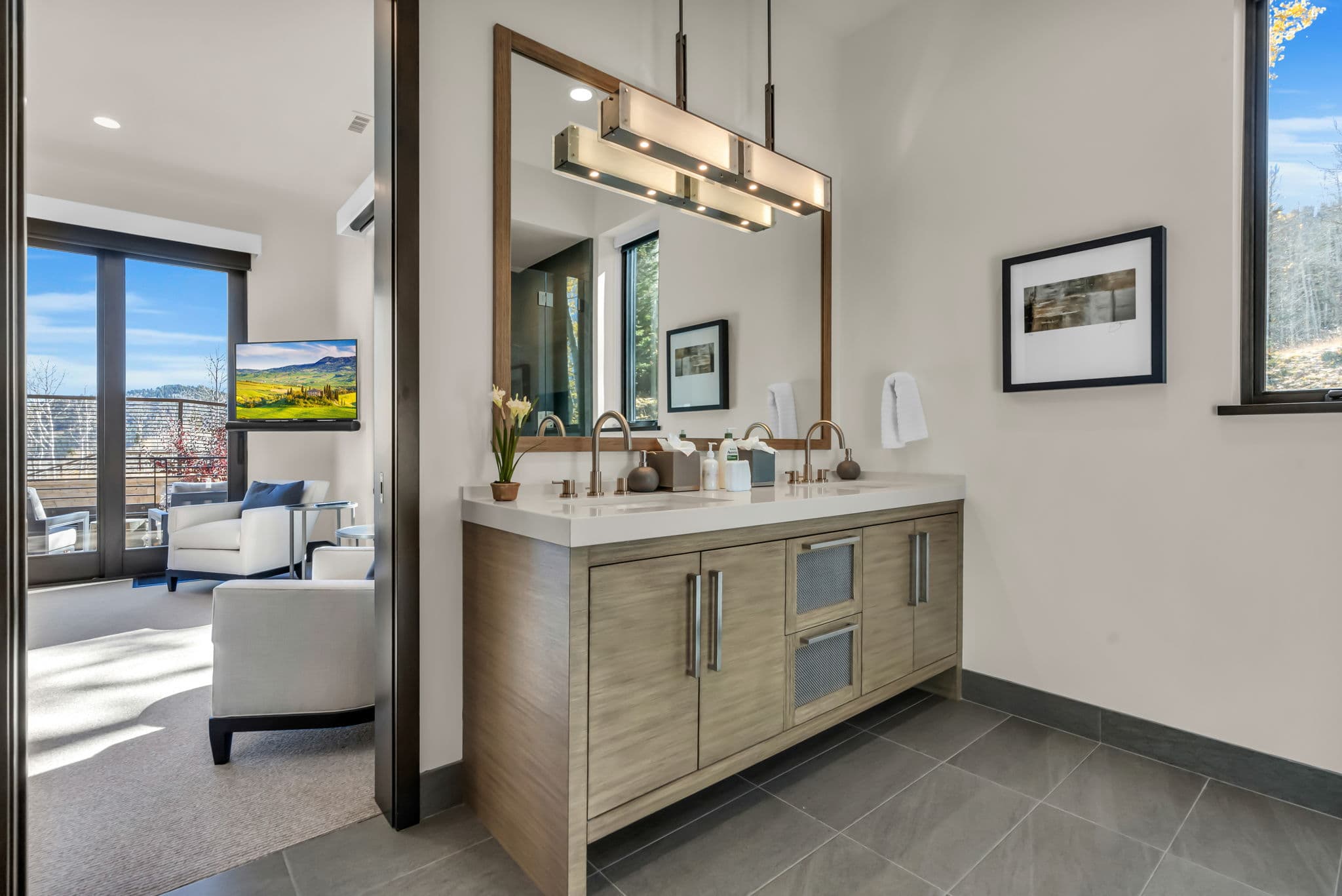 Double Sink Bath Vanity, Mirrors, and Pending Lamps